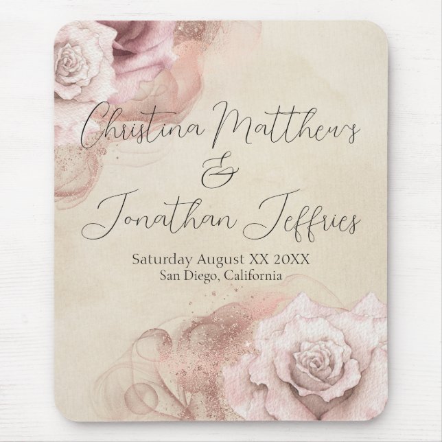 Watercolor Roses Rustic Glam Wedding Parchment Mouse Pad (Front)
