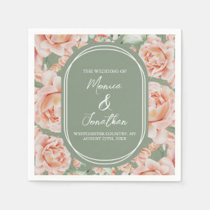 Watercolor Roses Sage Green Blush Pink Wedding Napkin