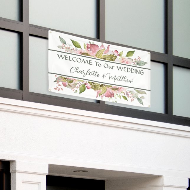 Watercolor Roses Soft Pink Wedding Banner (Outside Building)