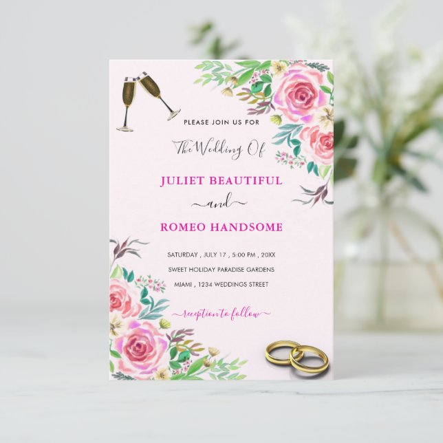 Watercolor Roses Wedding Invitation with Rings (Standing Front)