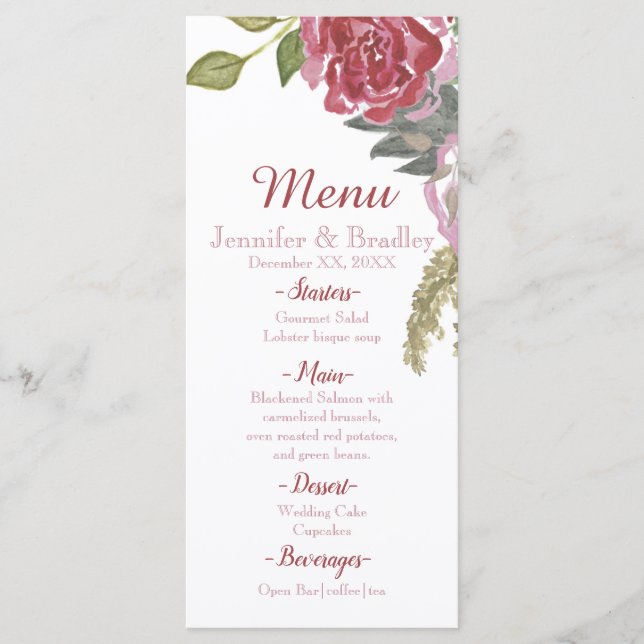 Watercolor Roses Wedding Menu (Front)