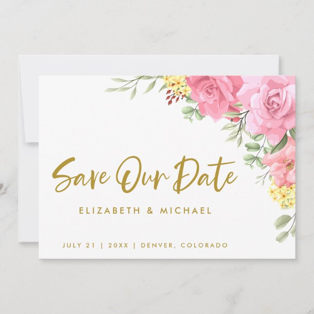 Watercolor Roses Wedding Save Our Date Invitation (Front)