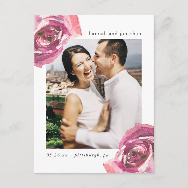 Watercolor Roses Wedding Save the Date Photo Announcement Postcard (Front)
