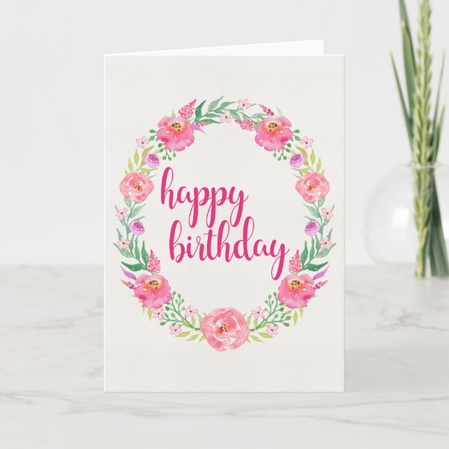 Watercolor Roses Wreath Happy Birthday Card (Front)