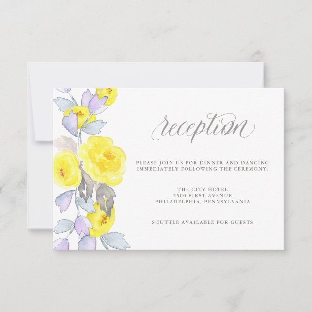 Watercolor Roses Yellow Purple and Grey Reception Invitation (Front)