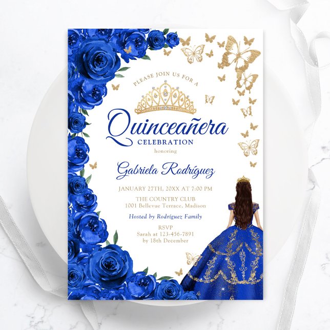 Watercolor Royal Blue Roses Floral Quinceanera Invitation (Creator Uploaded)