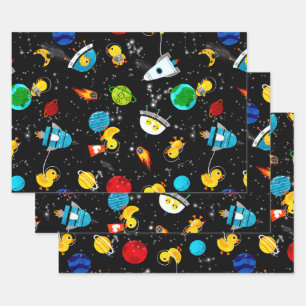 Watercolor Rubber Duck Astronauts Kids Outer Space Wrapping Paper Sheet