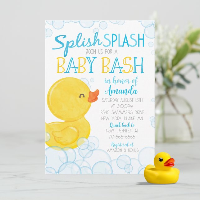 Watercolor Rubber Duck Splish Splash Baby Shower Invitation (Splish Splash Watercolor Rubber Ducky Boy Baby Shower Invitations)