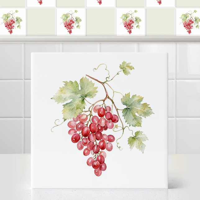 Watercolor Ruby Red Champagne Grape Vine Leaves Ceramic Tile (Create your own mural: Mix'n'match graphic tiles and matching colored tiles to create a unique decor)