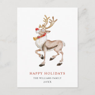 Watercolor Rudolf Reindeer Merry Christmas Holiday Postcard