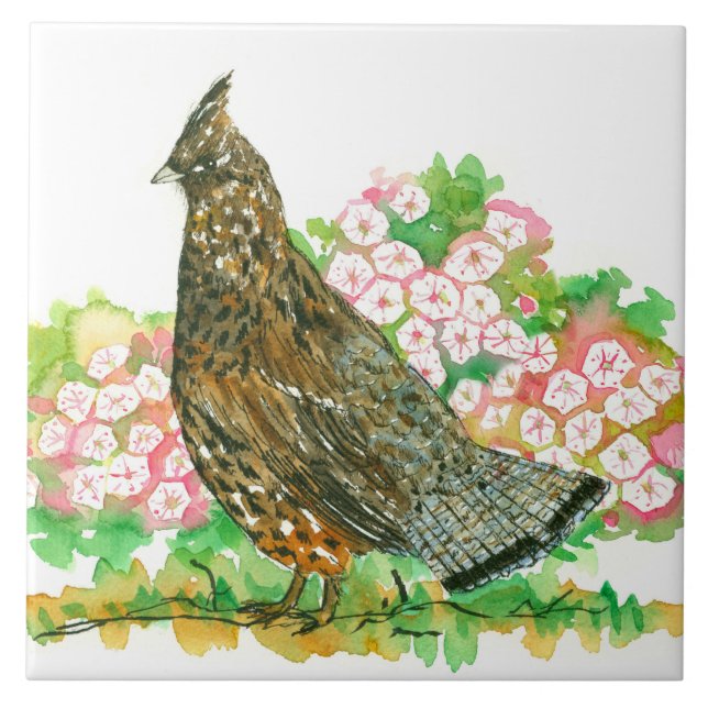 Watercolor Ruffed Grouse Gamebird Mountain Laurel Ceramic Tile (Front)