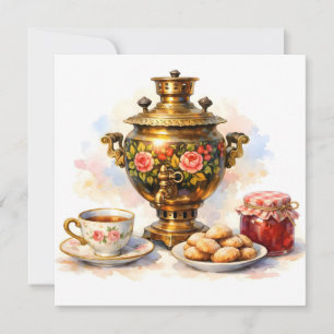 Watercolor Russian Samovar with Cookies, Jam Card