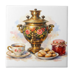 Watercolor Russian Samovar with Cookies, Jam Ceramic Tile