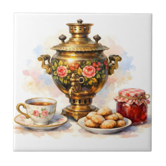 Watercolor Russian Samovar with Cookies, Jam Ceramic Tile
