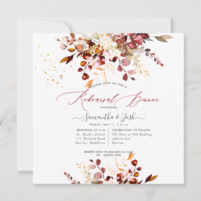 Watercolor Rust Orange Eucalyptus Rehearsal Dinner Invitation (Front)