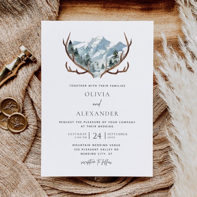 Watercolor Rustic Antlers Mountain Wedding Invitation (Creator Uploaded)