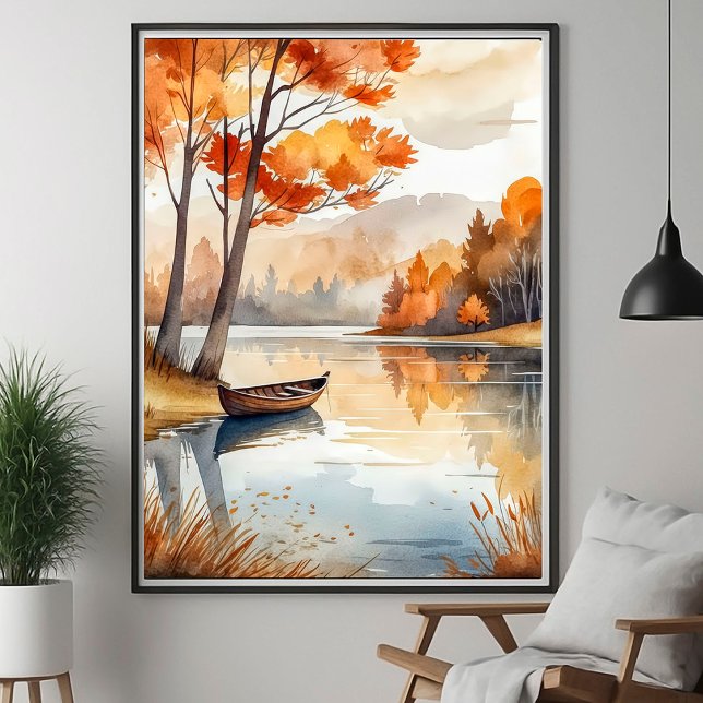 Watercolor Rustic Autumn Fall Trees Lake Rowboat  Poster (Creator Uploaded)