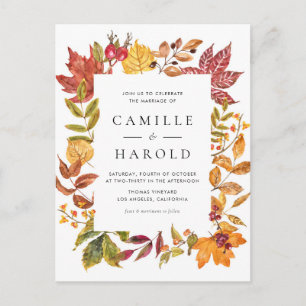 Watercolor Rustic Autumn Leaves Frame Wedding Invitation Postcard