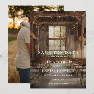 Watercolor Rustic Barn String Lights Photo Wedding Save The Date