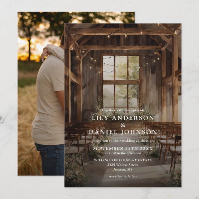 Watercolor Rustic Barn String Lights Wedding Photo Invitation (Front/Back)