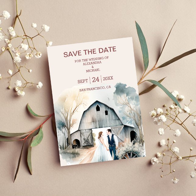 Watercolor Rustic Barn Wedding Save The Date (Creator Uploaded)