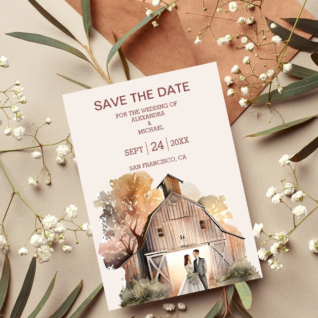 Watercolor Rustic Barn Wedding Save The Date (Creator Uploaded)