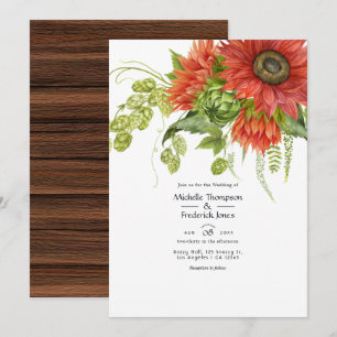 Watercolor Rustic Bohemian Red Sunflowers Wedding Invitation
