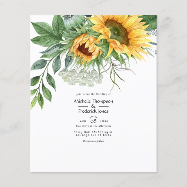Watercolor Rustic Bohemian Sunflower Wedding Flyer (Front)