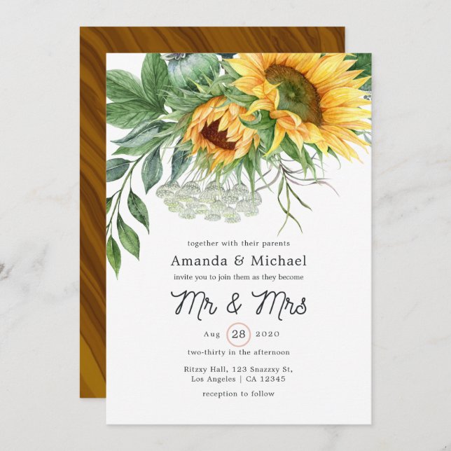 Watercolor Rustic Bohemian Sunflower Wedding Invitation (Front/Back)