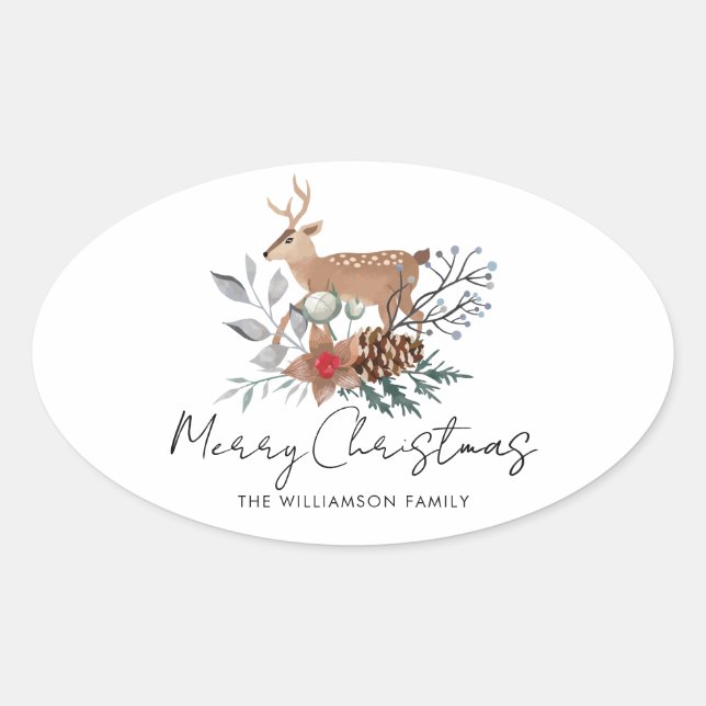 Watercolor Rustic Botanical Deer Christmas Holiday Oval Sticker (Front)
