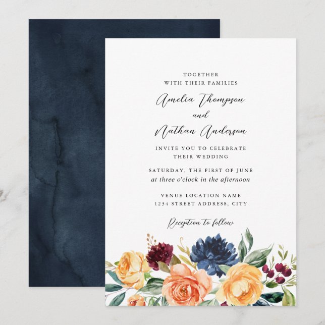 Watercolor Rustic Botanical Florals Wedding Invitation (Front/Back)
