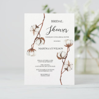 Watercolor rustic bridal cotton flower invitation