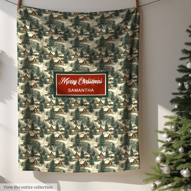 Watercolor Rustic Christmas Farmhouse Village  Fleece Blanket (Watercolor Rustic Christmas Farmhouse Village Fleece Blanket)