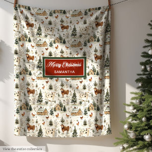 Watercolor Rustic Christmas Farmhouse Village Fleece Blanket