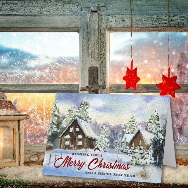 Watercolor Rustic Country Barn Christmas Holiday Card (Creator Uploaded)
