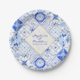 Watercolor Rustic Country Blue White Tile Diamond Paper Plate