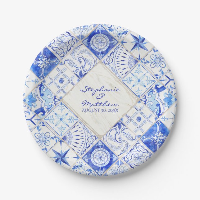 Watercolor Rustic Country Blue White Tile Diamond Paper Plate (Front)