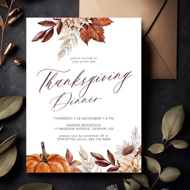 Watercolor rustic elegant Thanksgiving Dinner Invitation (Creator Uploaded)