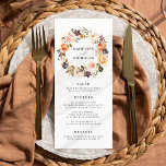 Watercolor Rustic Fall Floral Wedding Menu Card<br><div class="desc">Elegant custom wedding menu card featuring a your names encircled by a wreath of watercolor flowers, succulents, and leaves in shades of blush pink, peach, orange, cream, green & brown. Personalise the custom wedding menus by adding your wedding menu details below. The menu reverses to a solid green background with...</div>