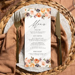 Watercolor Rustic Fall Floral Wedding Menu Card<br><div class="desc">Elegant custom wedding menu card featuring your wedding menu details at the centre of the menu with watercolor flowers, succulents, and leaves in shades of blush pink, peach, orange, cream, brown, and green. at the top and bottom. The menu reverses to a solid green background with space for text and...</div>