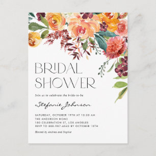 Watercolor Rustic Fall Flowers Bridal Shower Invitation Postcard