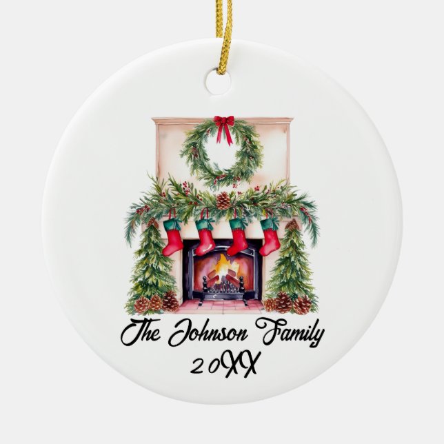 Watercolor Rustic Family Keepsake Christmas Ceramic Ornament (Front)
