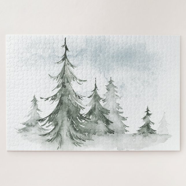 Watercolor Rustic Fir Trees Forest Winter Jigsaw Puzzle (Horizontal)