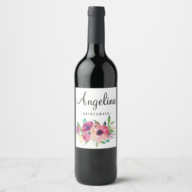 Watercolor Rustic Floral Bridesmaid Wine Label (Front)