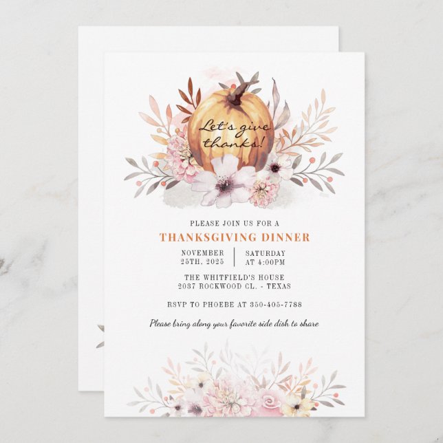 Watercolor Rustic Floral Pumpkin Thanksgiving Invitation (Front/Back)