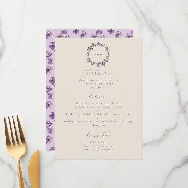 Watercolor Rustic Flowers Purple Menu (Front/Back In Situ)