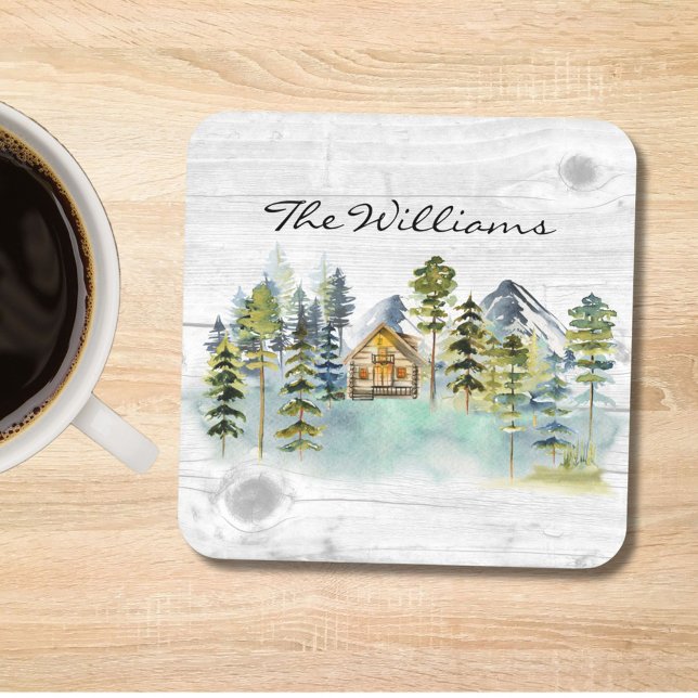 Watercolor Rustic Foggy Forest Mountain Cabin Coaster (In situ)