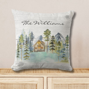 Watercolor Rustic Foggy Forest Mountain Cabin Cushion