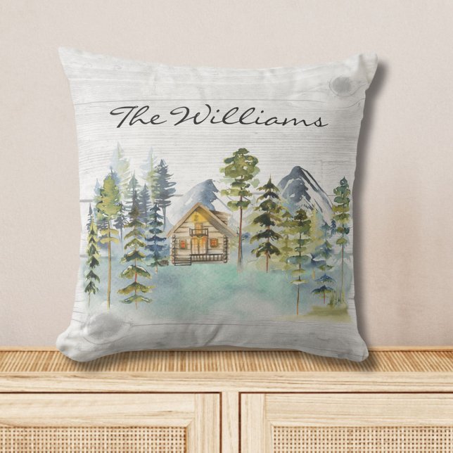 Watercolor Rustic Foggy Forest Mountain Cabin Cushion (In situ)