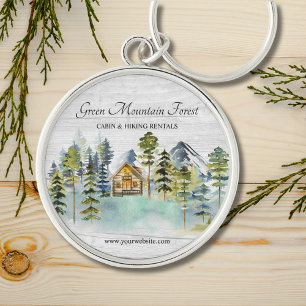 Watercolor Rustic Foggy Forest Mountain Cabin Key Ring